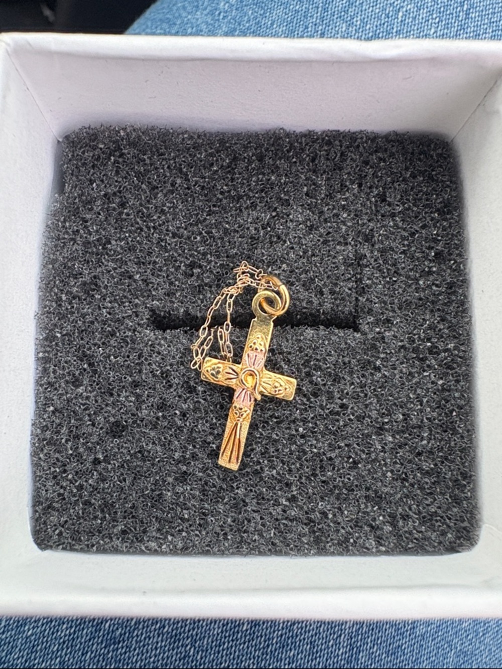 12k Gold Cross Pendant Necklace - Detailed Floral Engraving